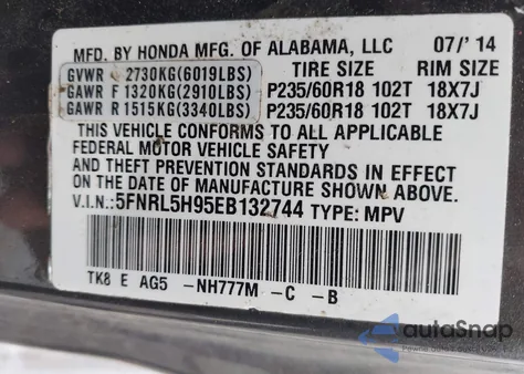 2014 Honda Odyssey Touring/Touring Elite z USA, uszkodzony, nr VIN 5FNRL5H95EB132744